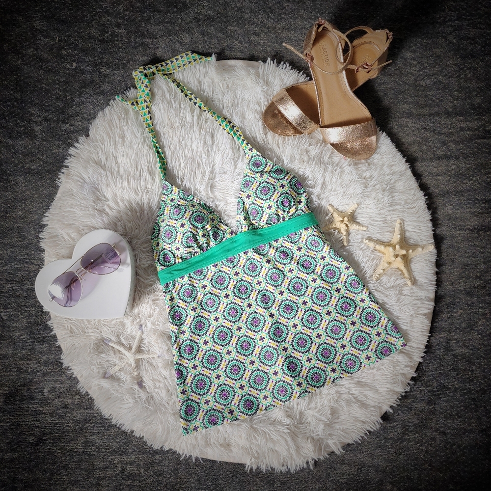 Small Green Prana Geometric Tankini Top